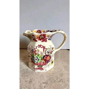 Vintage Masons Patent Ironstone Multi-Color Nabob Floral Jug Pitcher with Handle